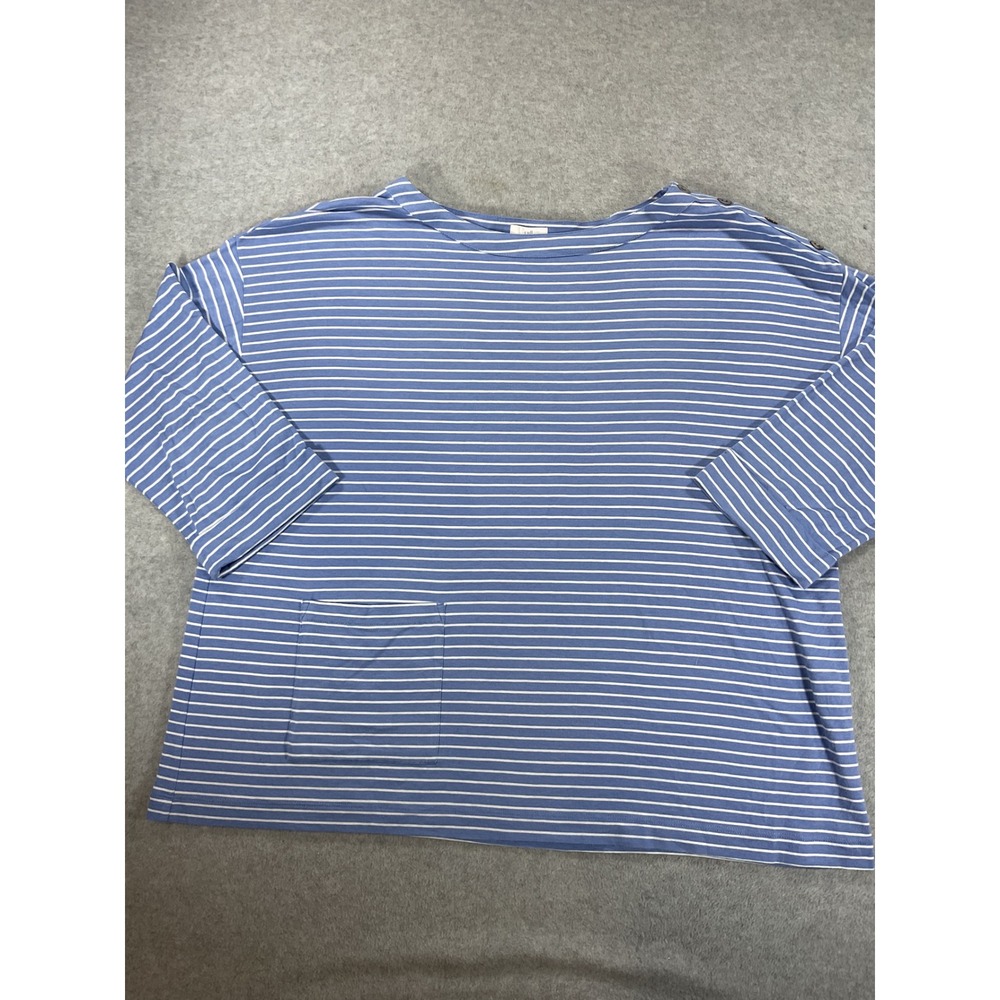 J. Jill Blue White Striped Pima Cotton Boatneck Top XL Button Shoulder 2584